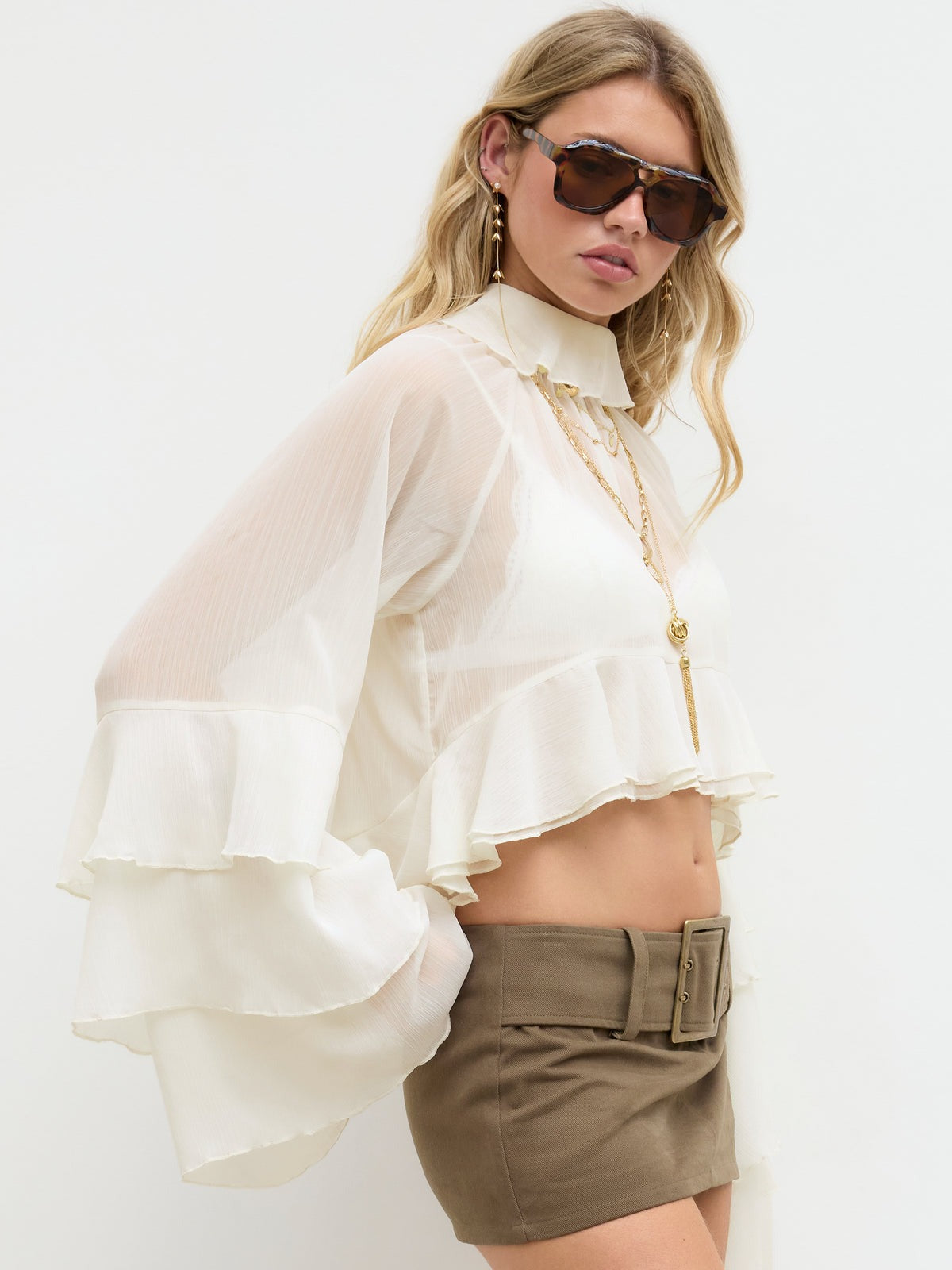 Chiffon High Neck Ruffle Dolman sleeve See-Through Crop Blouse