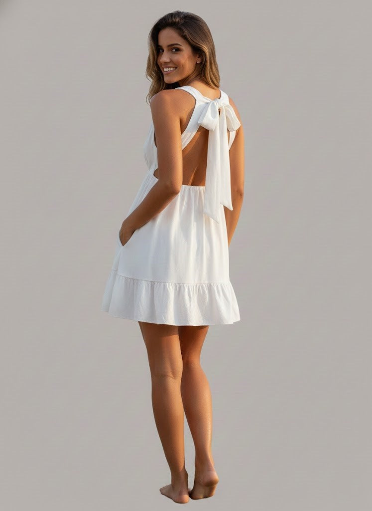 Luna Back-Tie White Mini Dress