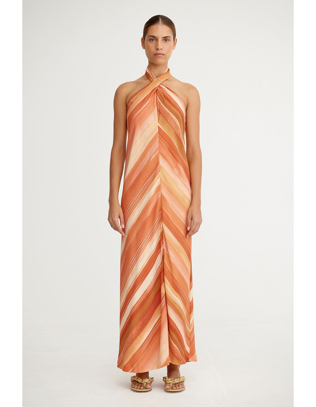 Sunset Striped Halter Backless Maxi Dress