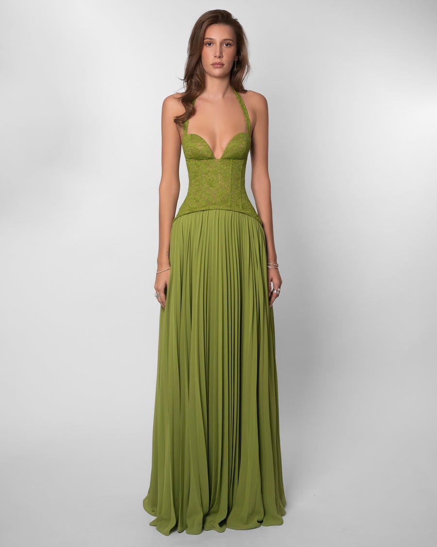 Olive Green Lace Corset Halter Maxi Dress