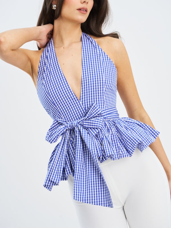 Blue and White Checkered Bubble Hem Halter Top
