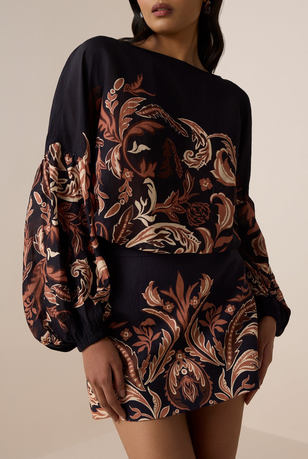 Noir Bloom Printed Blouse & Mini Skirt Set