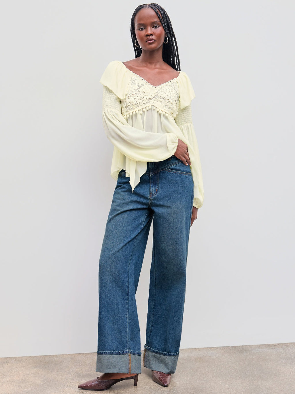 Denim Mid Rise Solid Roll Hem Straight Leg Jeans