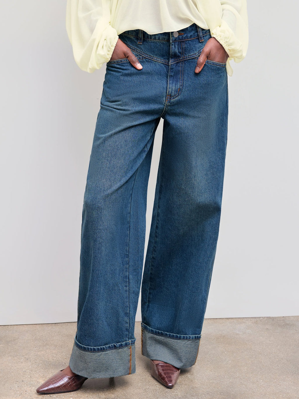 Denim Mid Rise Solid Roll Hem Straight Leg Jeans