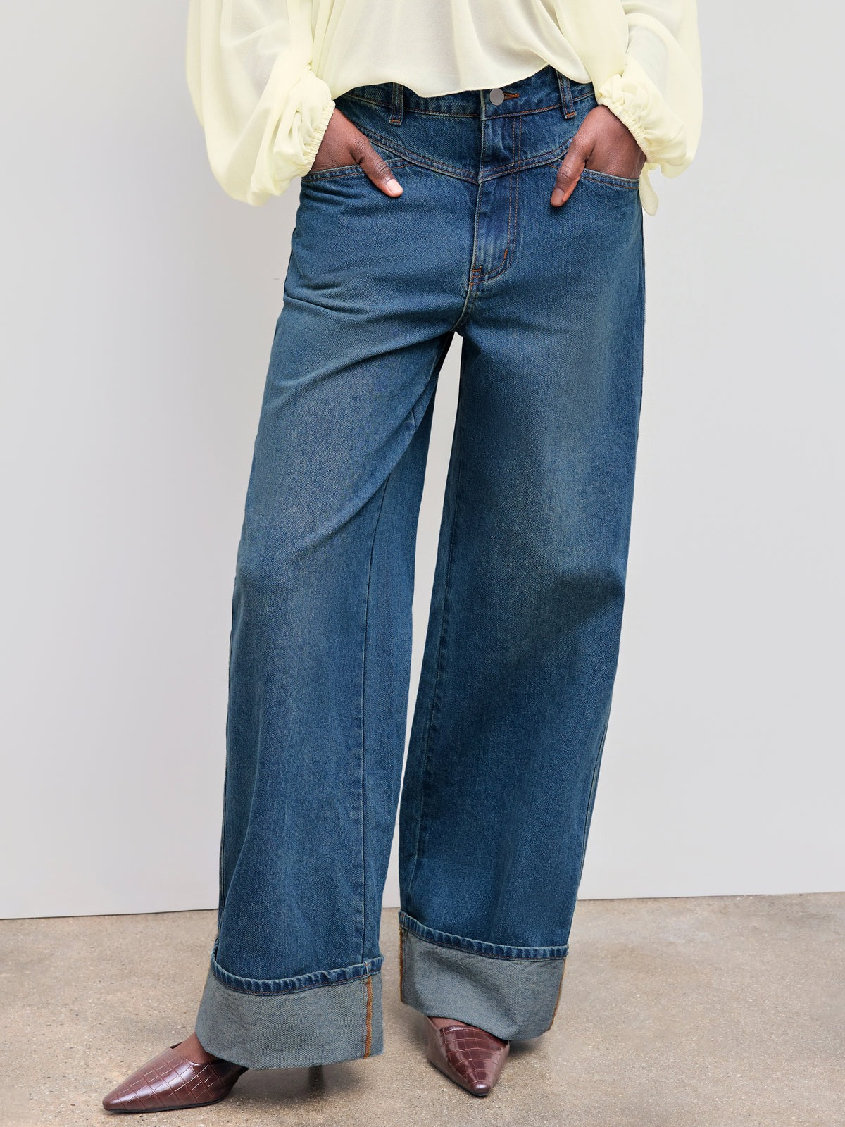 Denim Mid Rise Solid Roll Hem Straight Leg Jeans