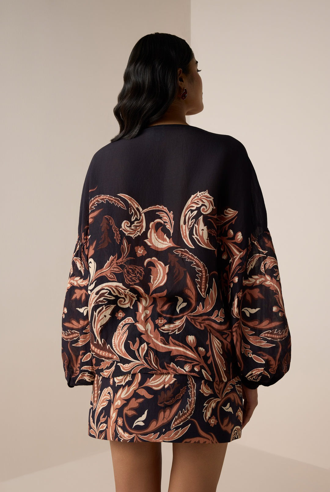 Noir Bloom Printed Blouse & Mini Skirt Set