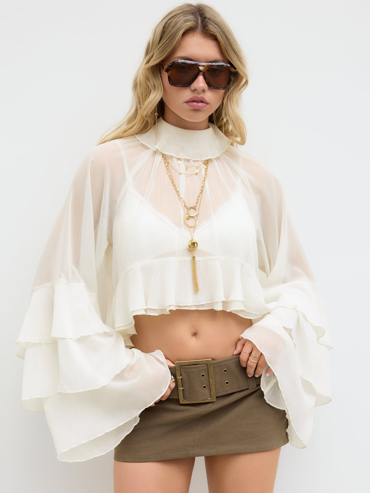 Chiffon High Neck Ruffle Dolman sleeve See-Through Crop Blouse