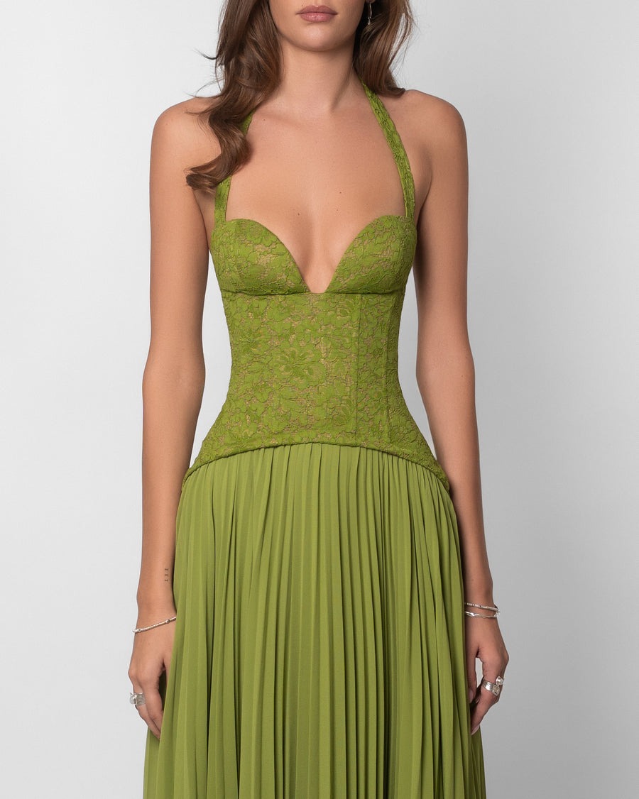 Olive Green Lace Corset Halter Maxi Dress
