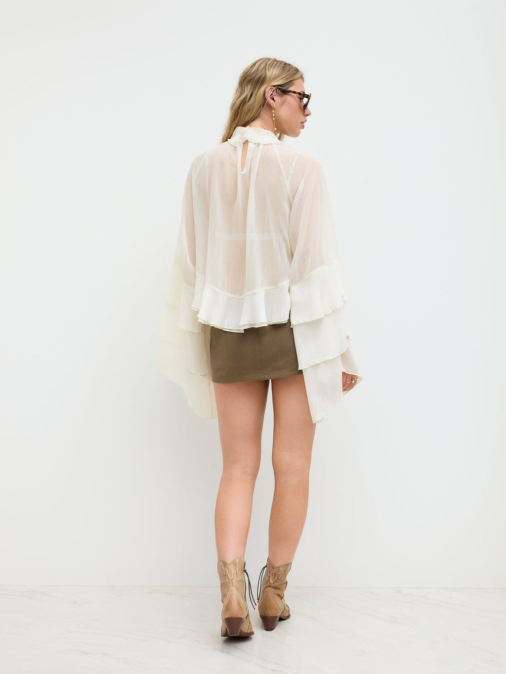 Chiffon High Neck Ruffle Dolman sleeve See-Through Crop Blouse