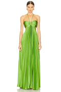 Verdant Muse Pleated Cut-Out Halter Maxi Dress