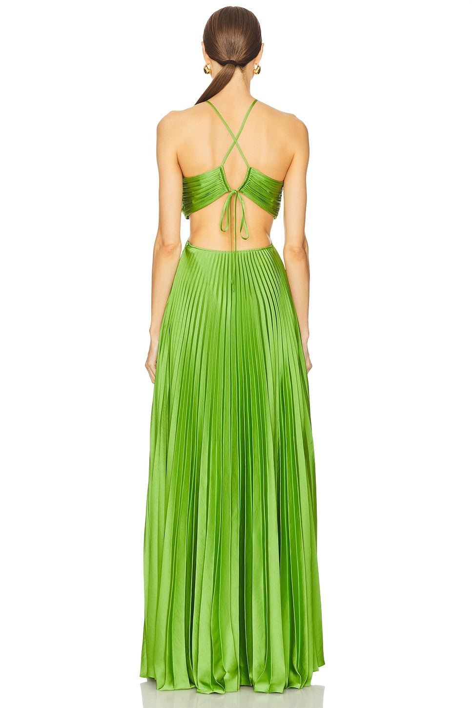 Verdant Muse Pleated Cut-Out Halter Maxi Dress
