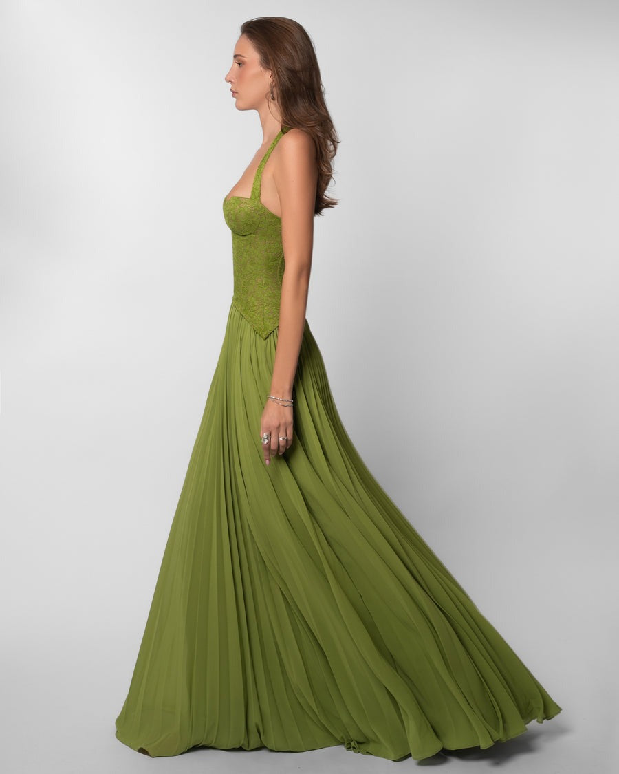 Olive Green Lace Corset Halter Maxi Dress