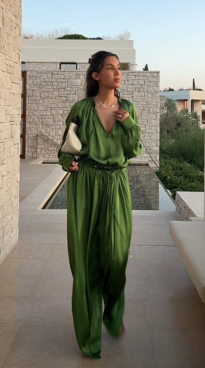 Satin Green Long Sleeve Resort Set