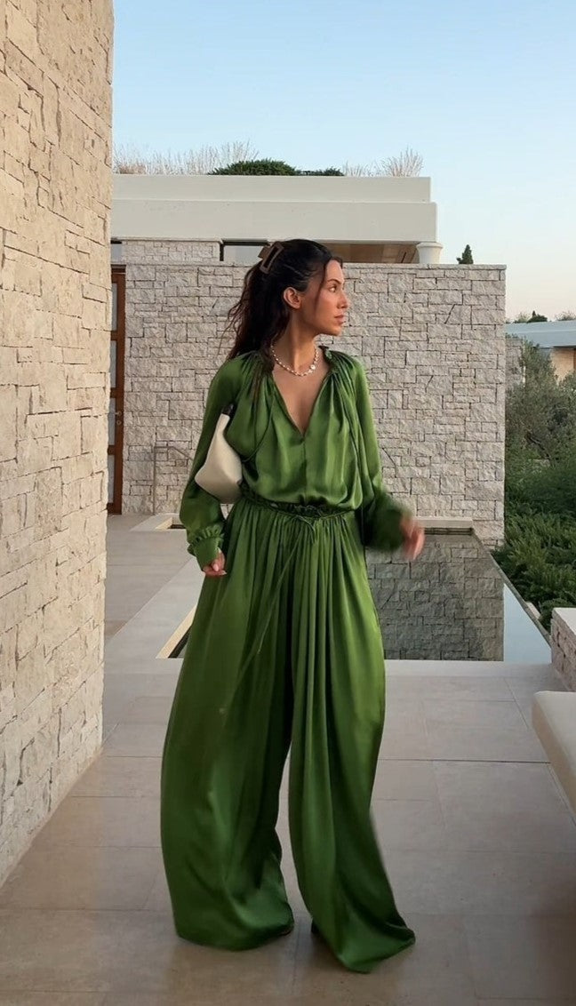 Satin Green Long Sleeve Resort Set