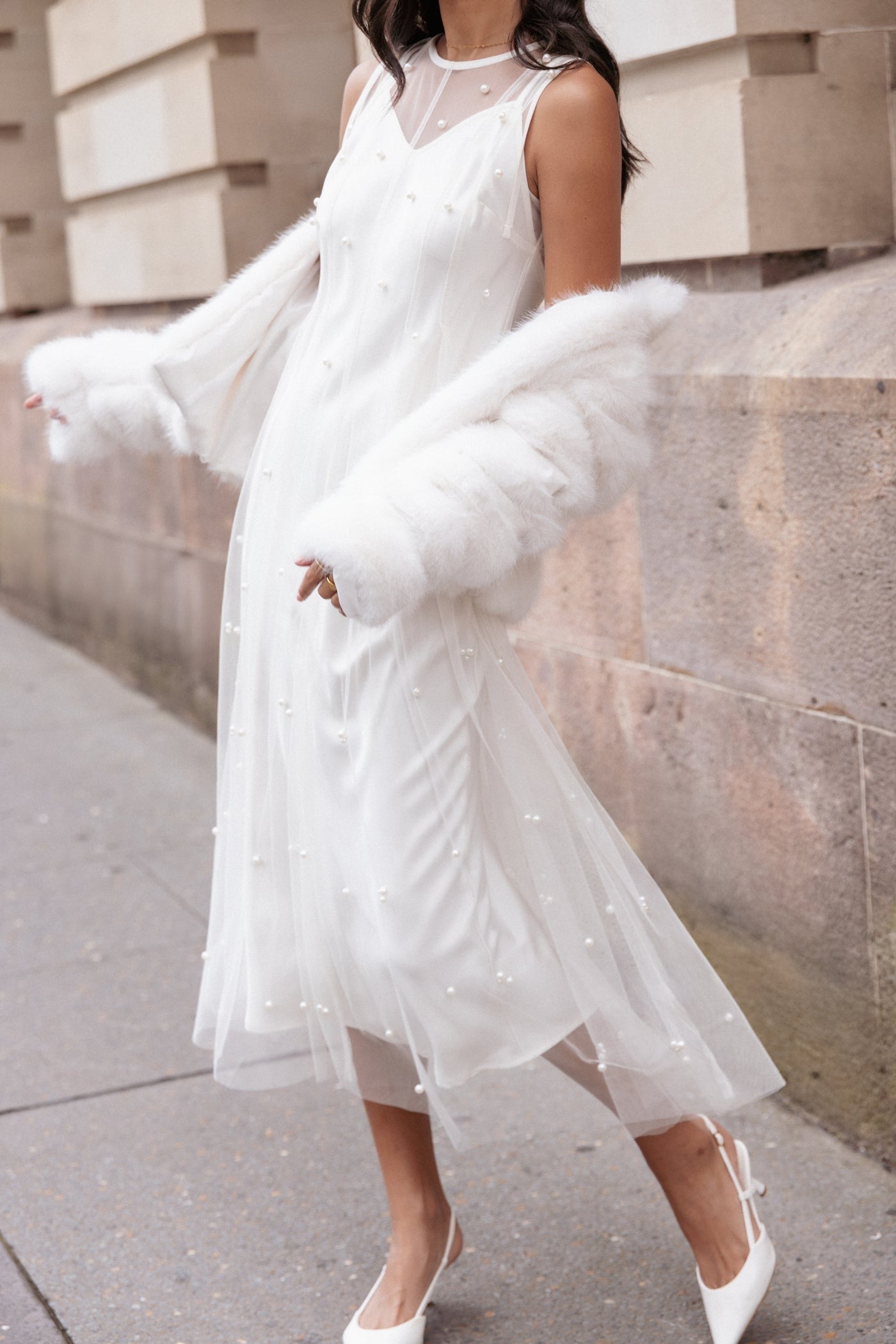 Ecru Pearl Mesh Layered Midi Dress