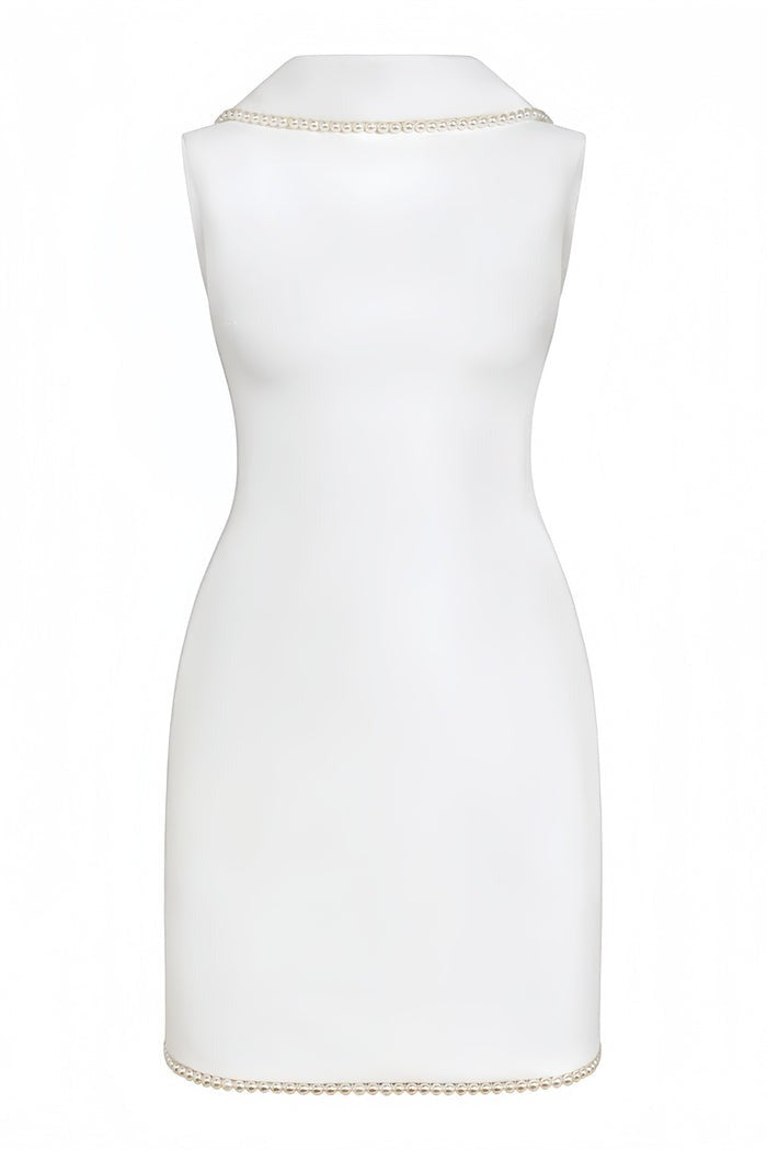 Piroska White Sleeveless Pearl Trim Mini Dress