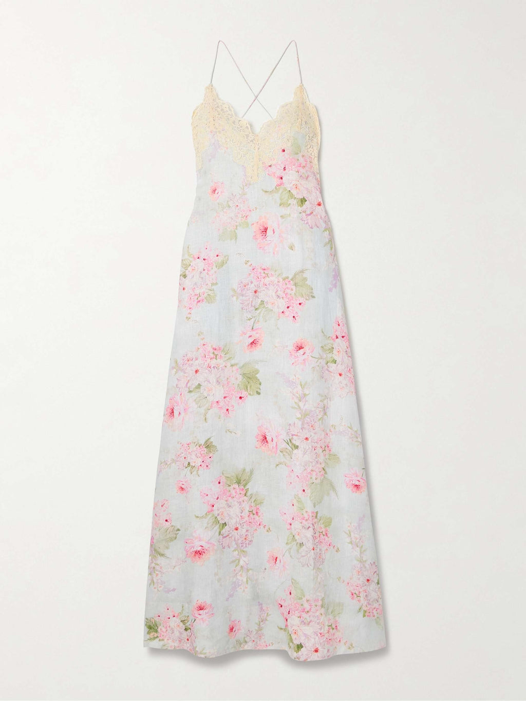 Lace Trimmed Floral Print Linen Maxi Dress