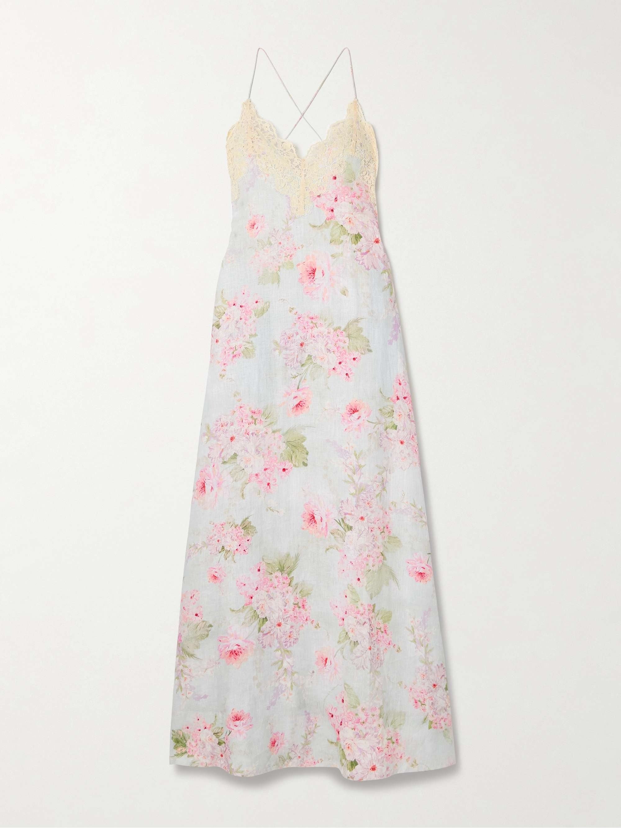 Lace Trimmed Floral Print Linen Maxi Dress