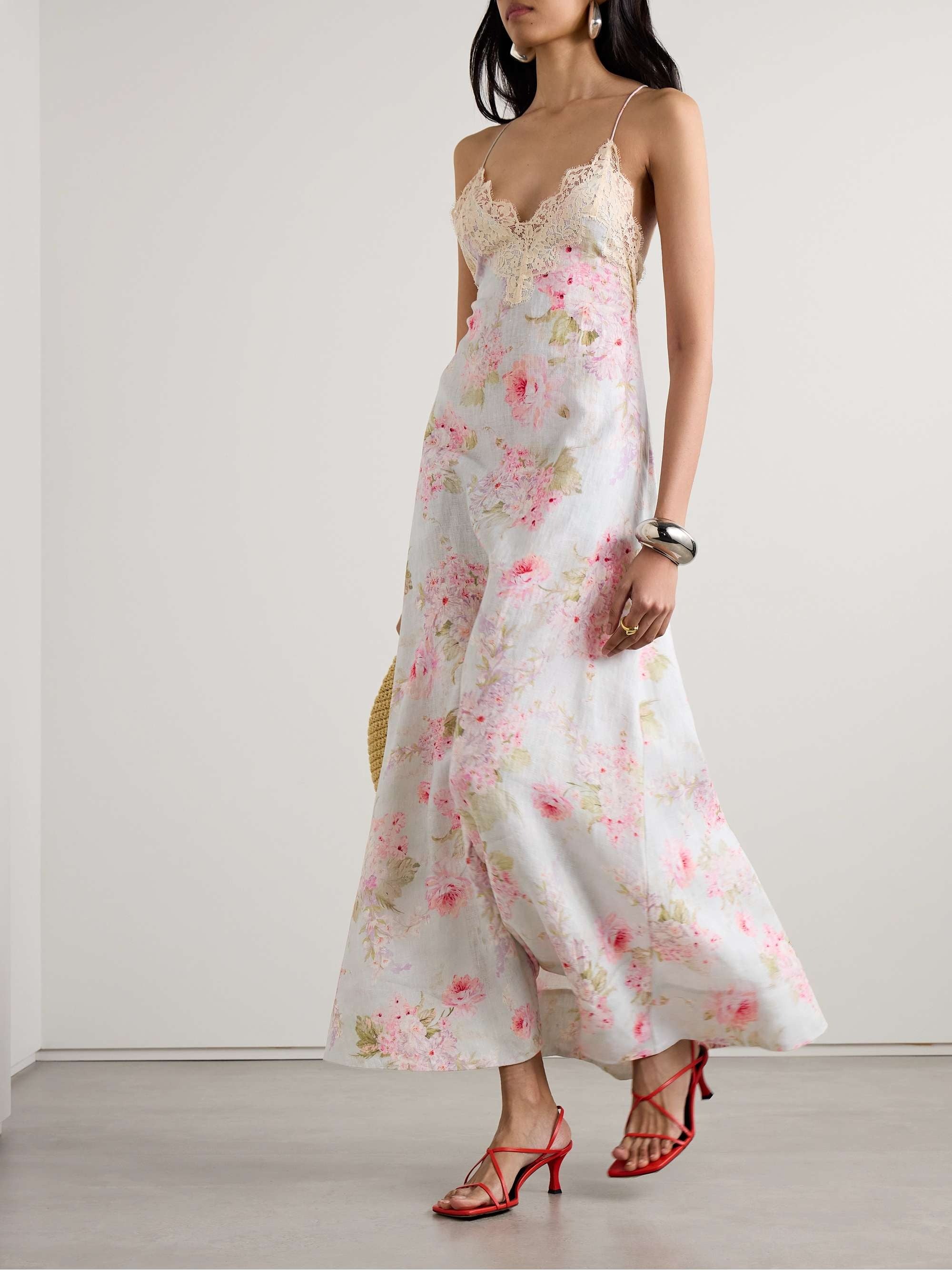 Lace Trimmed Floral Print Linen Maxi Dress