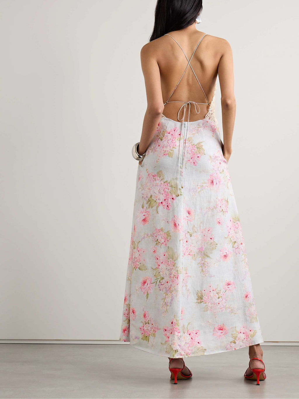 Lace Trimmed Floral Print Linen Maxi Dress