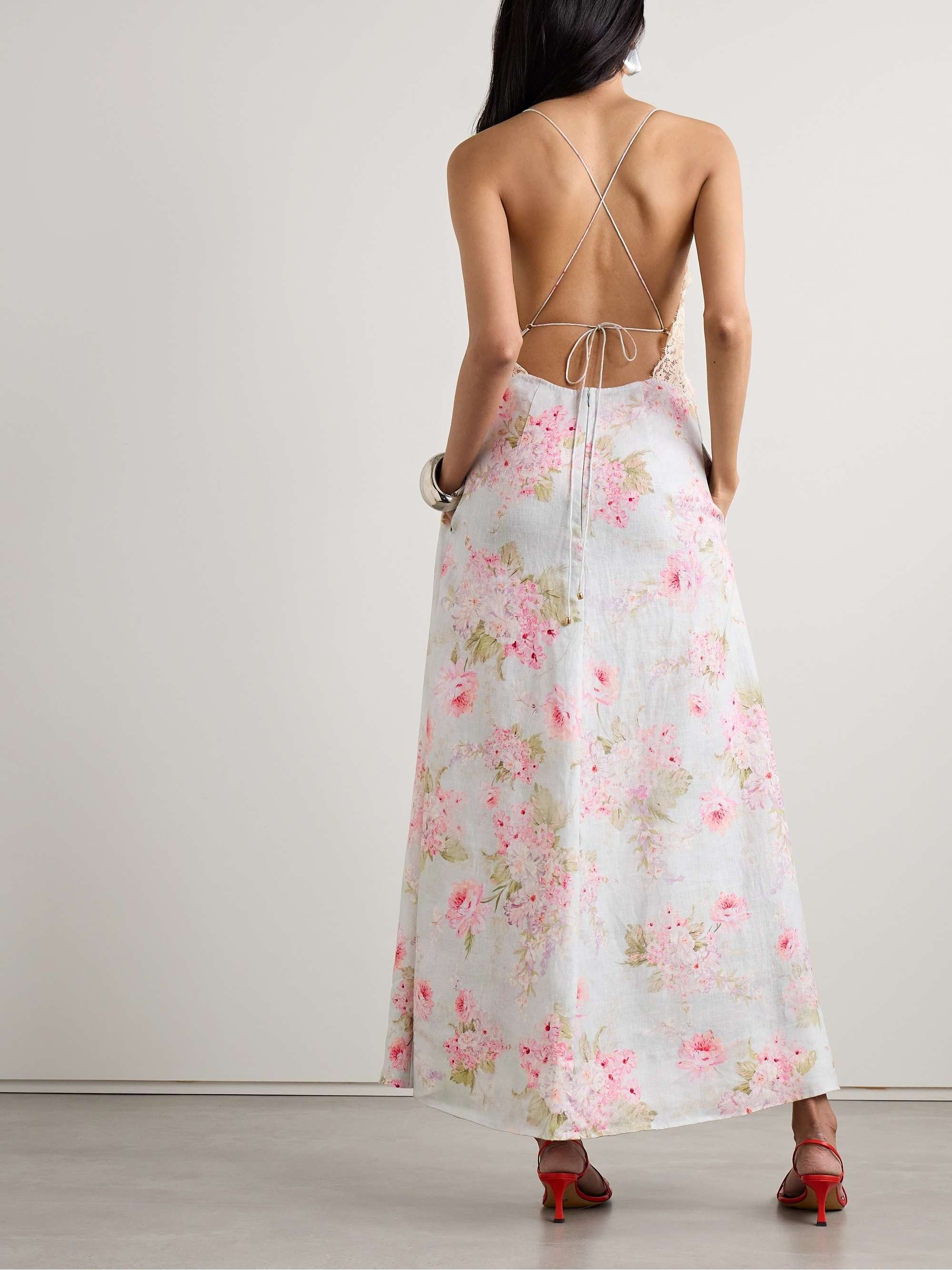 Lace Trimmed Floral Print Linen Maxi Dress